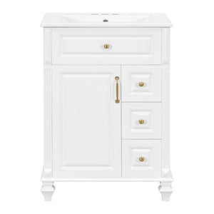 English Elm 24 Inch Freestanding Bathroom Vanity Rubberwood Cabinet with Ceramic Sink and Flip Drawer White N725P499706K