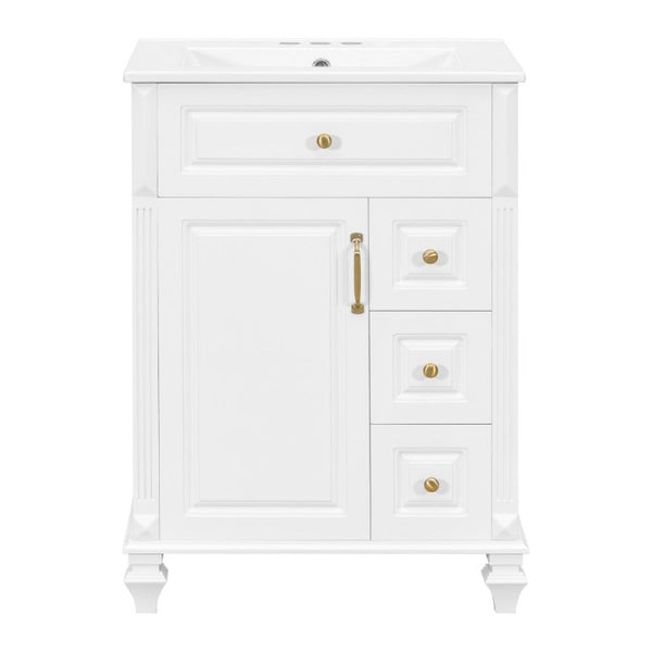 English Elm 24 Inch Freestanding Bathroom Vanity Rubberwood Cabinet with Ceramic Sink and Flip Drawer White N725P499706K