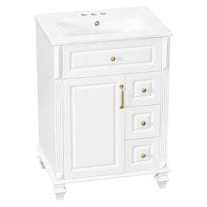 English Elm 24 Inch Freestanding Bathroom Vanity Rubberwood Cabinet with Ceramic Sink and Flip Drawer White N725P499706K