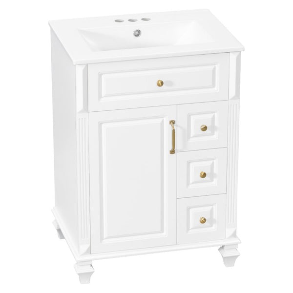 English Elm 24 Inch Freestanding Bathroom Vanity Rubberwood Cabinet with Ceramic Sink and Flip Drawer White N725P499706K