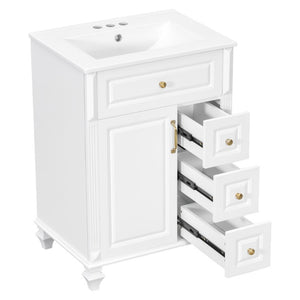 English Elm 24 Inch Freestanding Bathroom Vanity Rubberwood Cabinet with Ceramic Sink and Flip Drawer White N725P499706K