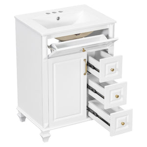 English Elm 24 Inch Freestanding Bathroom Vanity Rubberwood Cabinet with Ceramic Sink and Flip Drawer White N725P499706K