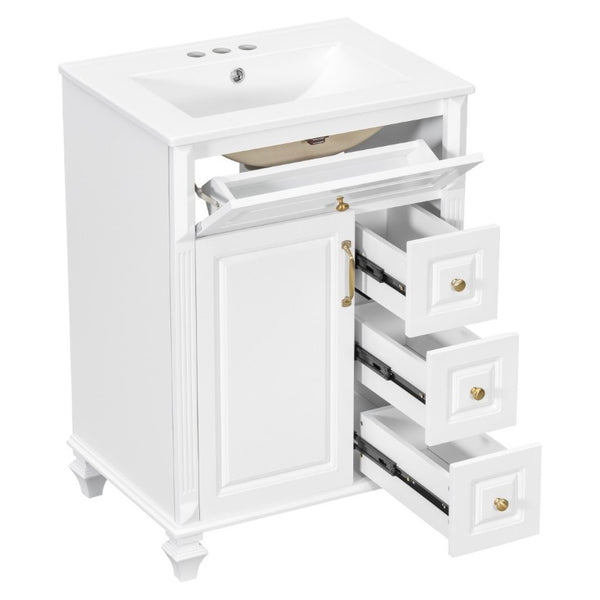 English Elm 24 Inch Freestanding Bathroom Vanity Rubberwood Cabinet with Ceramic Sink and Flip Drawer White N725P499706K