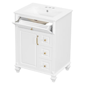 English Elm 24 Inch Freestanding Bathroom Vanity Rubberwood Cabinet with Ceramic Sink and Flip Drawer White N725P499706K