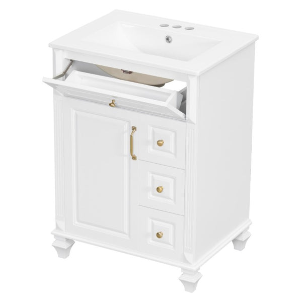 English Elm 24 Inch Freestanding Bathroom Vanity Rubberwood Cabinet with Ceramic Sink and Flip Drawer White N725P499706K