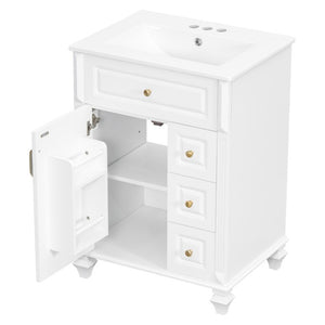 English Elm 24 Inch Freestanding Bathroom Vanity Rubberwood Cabinet with Ceramic Sink and Flip Drawer White N725P499706K