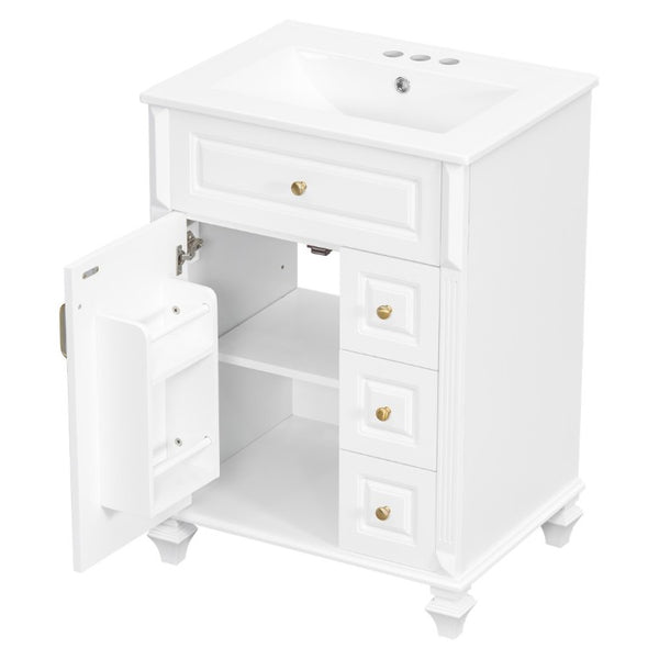 English Elm 24 Inch Freestanding Bathroom Vanity Rubberwood Cabinet with Ceramic Sink and Flip Drawer White N725P499706K