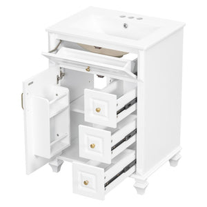 English Elm 24 Inch Freestanding Bathroom Vanity Rubberwood Cabinet with Ceramic Sink and Flip Drawer White N725P499706K