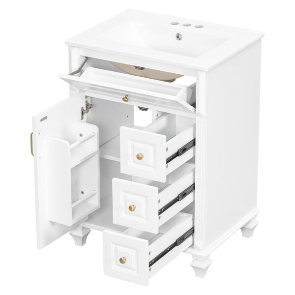 English Elm 24 Inch Freestanding Bathroom Vanity Rubberwood Cabinet with Ceramic Sink and Flip Drawer White N725P499706K