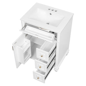 English Elm 24 Inch Freestanding Bathroom Vanity Rubberwood Cabinet with Ceramic Sink and Flip Drawer White N725P499706K