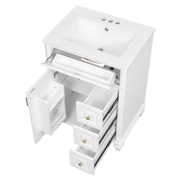 English Elm 24 Inch Freestanding Bathroom Vanity Rubberwood Cabinet with Ceramic Sink and Flip Drawer White N725P499706K