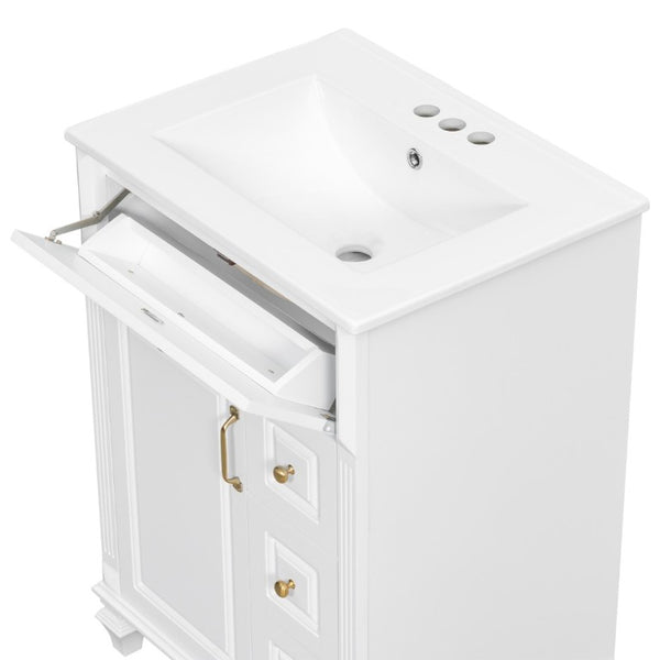 English Elm 24 Inch Freestanding Bathroom Vanity Rubberwood Cabinet with Ceramic Sink and Flip Drawer White N725P499706K
