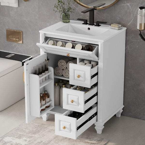 English Elm 24 Inch Freestanding Bathroom Vanity Rubberwood Cabinet with Ceramic Sink and Flip Drawer White N725P499706K