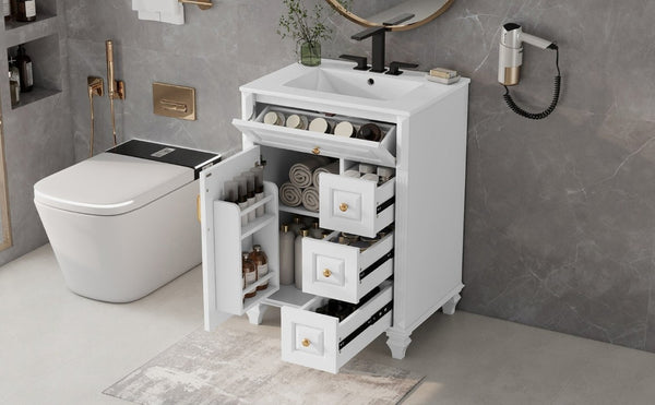 English Elm 24 Inch Freestanding Bathroom Vanity Rubberwood Cabinet with Ceramic Sink and Flip Drawer White N725P499706K