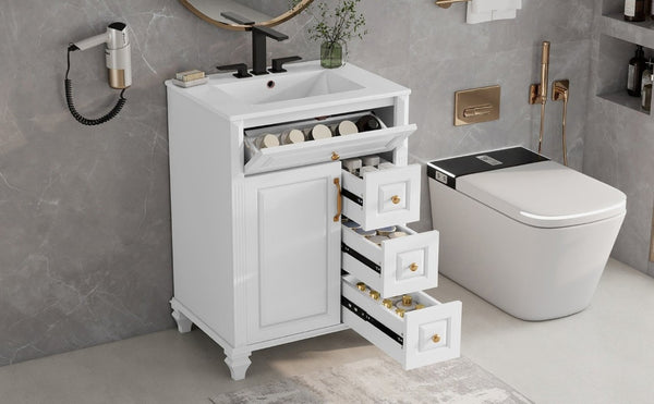 English Elm 24 Inch Freestanding Bathroom Vanity Rubberwood Cabinet with Ceramic Sink and Flip Drawer White N725P499706K