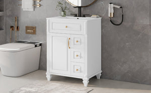 English Elm 24 Inch Freestanding Bathroom Vanity Rubberwood Cabinet with Ceramic Sink and Flip Drawer White N725P499706K