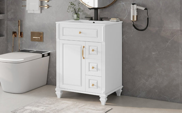 English Elm 24 Inch Freestanding Bathroom Vanity Rubberwood Cabinet with Ceramic Sink and Flip Drawer White N725P499706K