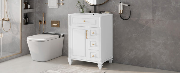 English Elm 24 Inch Freestanding Bathroom Vanity Rubberwood Cabinet with Ceramic Sink and Flip Drawer White N725P499706K