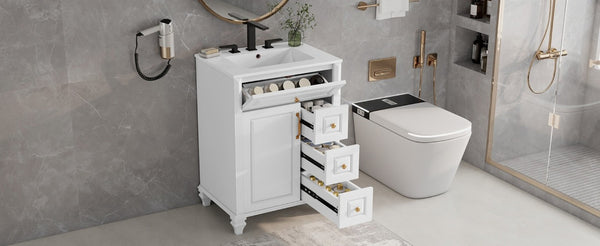 English Elm 24 Inch Freestanding Bathroom Vanity Rubberwood Cabinet with Ceramic Sink and Flip Drawer White N725P499706K