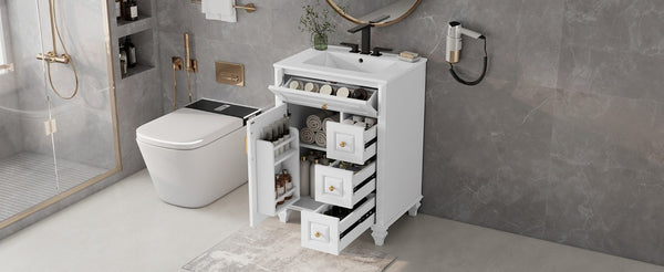 English Elm 24 Inch Freestanding Bathroom Vanity Rubberwood Cabinet with Ceramic Sink and Flip Drawer White N725P499706K