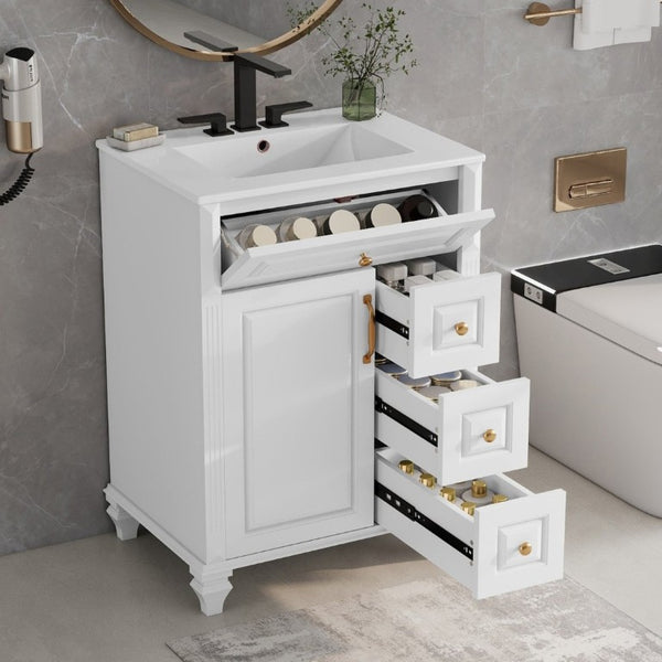 English Elm 24 Inch Freestanding Bathroom Vanity Rubberwood Cabinet with Ceramic Sink and Flip Drawer White N725P499706K