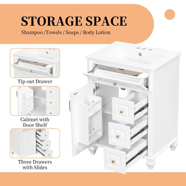 English Elm 24 Inch Freestanding Bathroom Vanity Rubberwood Cabinet with Ceramic Sink and Flip Drawer White N725P499706K