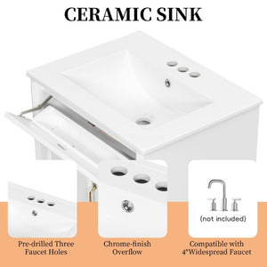 English Elm 24 Inch Freestanding Bathroom Vanity Rubberwood Cabinet with Ceramic Sink and Flip Drawer White N725P499706K