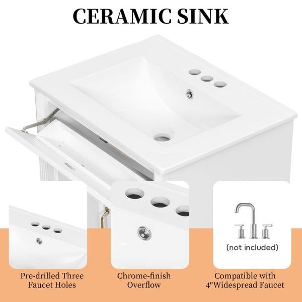 English Elm 24 Inch Freestanding Bathroom Vanity Rubberwood Cabinet with Ceramic Sink and Flip Drawer White N725P499706K