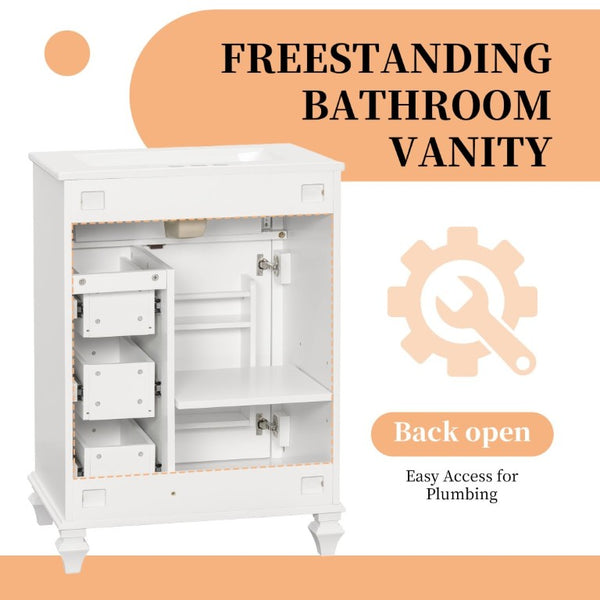 English Elm 24 Inch Freestanding Bathroom Vanity Rubberwood Cabinet with Ceramic Sink and Flip Drawer White N725P499706K