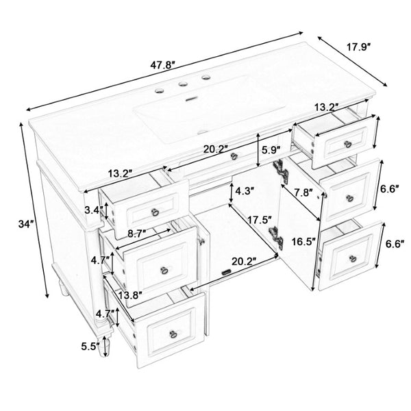 English Elm 47.2 Inch Freestanding Bathroom Vanity with Six Drawers Rubberwood Legs Vintage Style Black N725P525853B