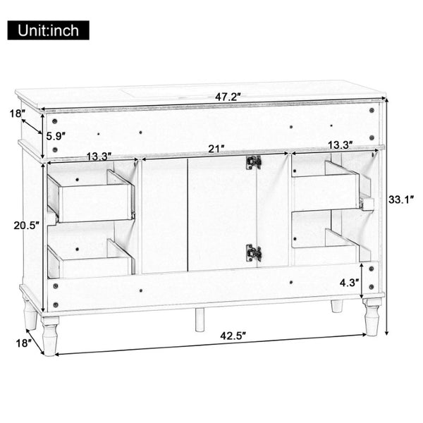 English Elm 47.2 Inch Freestanding Bathroom Vanity with Six Drawers Rubberwood Legs Vintage Style Black N725P525853B
