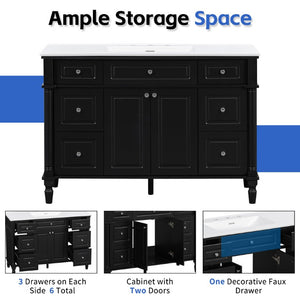 English Elm 47.2 Inch Freestanding Bathroom Vanity with Six Drawers Rubberwood Legs Vintage Style Black N725P525853B