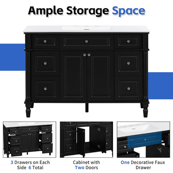 English Elm 47.2 Inch Freestanding Bathroom Vanity with Six Drawers Rubberwood Legs Vintage Style Black N725P525853B