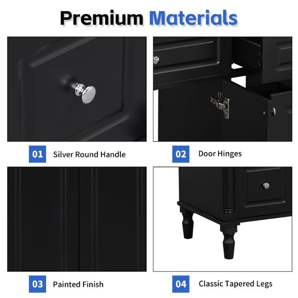 English Elm 47.2 Inch Freestanding Bathroom Vanity with Six Drawers Rubberwood Legs Vintage Style Black N725P525853B