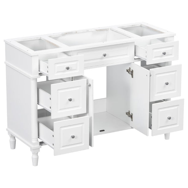 English Elm 47.2 Inch Freestanding Bathroom Vanity with Six Drawers Rubberwood Legs Vintage Style White N725P525853K