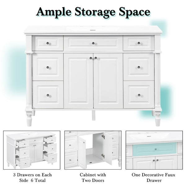 English Elm 47.2 Inch Freestanding Bathroom Vanity with Six Drawers Rubberwood Legs Vintage Style White N725P525853K
