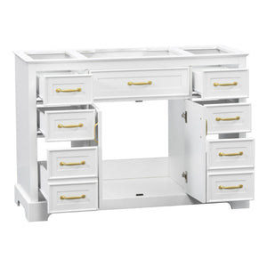 English Elm 47.2 Inch White MDF Bathroom Vanity Base with Six Drawers and Gold Handles Sink Ready N725P525855K