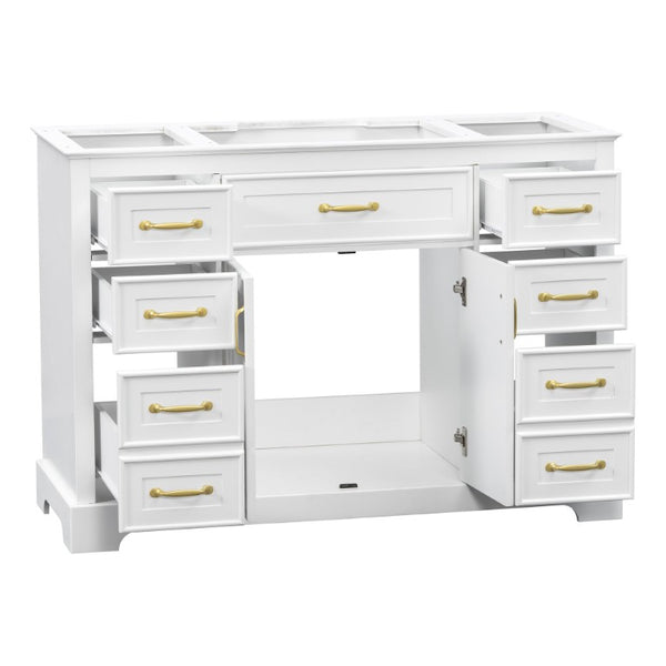 English Elm 47.2 Inch White MDF Bathroom Vanity Base with Six Drawers and Gold Handles Sink Ready N725P525855K