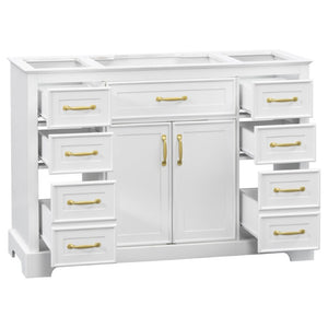English Elm 47.2 Inch White MDF Bathroom Vanity Base with Six Drawers and Gold Handles Sink Ready N725P525855K