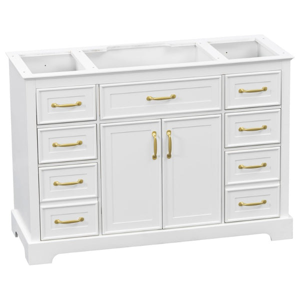English Elm 47.2 Inch White MDF Bathroom Vanity Base with Six Drawers and Gold Handles Sink Ready N725P525855K