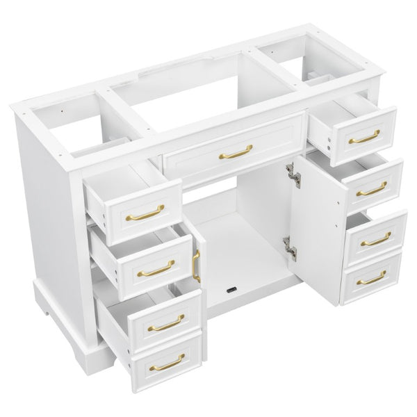English Elm 47.2 Inch White MDF Bathroom Vanity Base with Six Drawers and Gold Handles Sink Ready N725P525855K