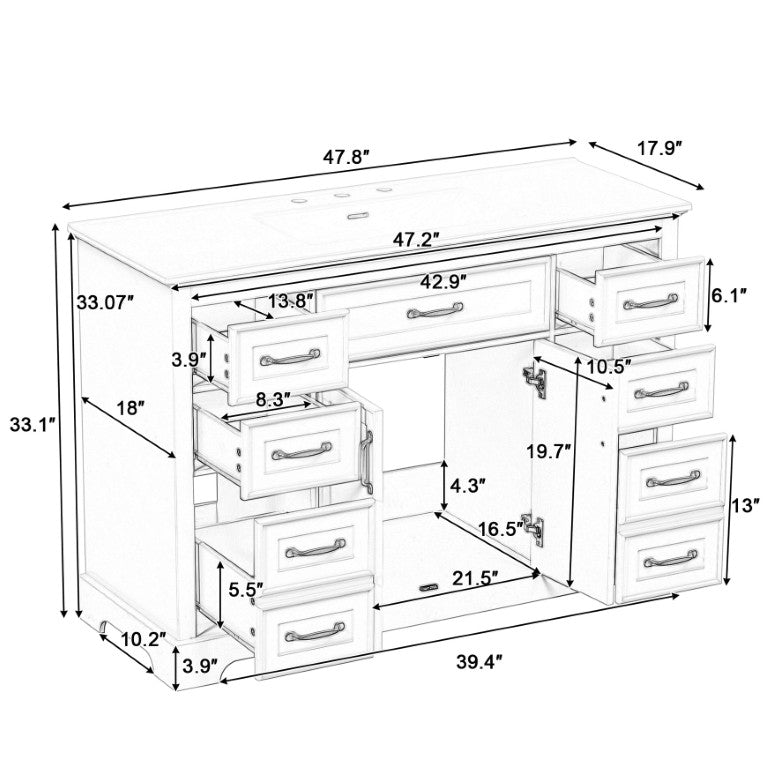 English Elm 47.2 Inch White MDF Bathroom Vanity Base with Six Drawers and Gold Handles Sink Ready N725P525855K