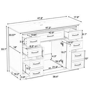 English Elm 47.2 Inch White MDF Bathroom Vanity Base with Six Drawers and Gold Handles Sink Ready N725P525855K