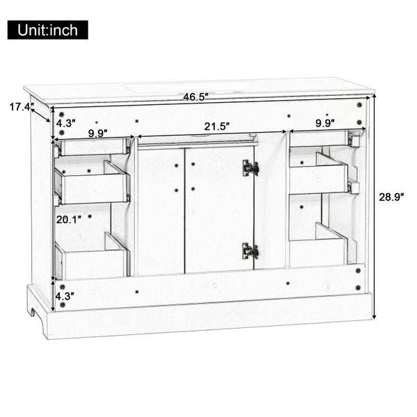 English Elm 47.2 Inch White MDF Bathroom Vanity Base with Six Drawers and Gold Handles Sink Ready N725P525855K
