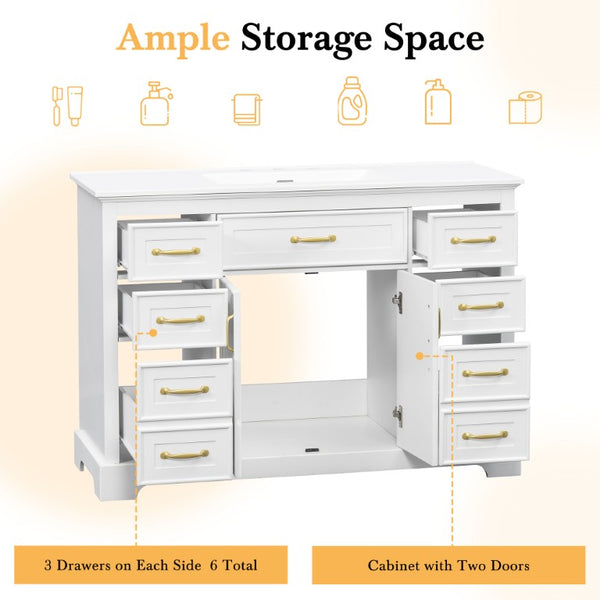 English Elm 47.2 Inch White MDF Bathroom Vanity Base with Six Drawers and Gold Handles Sink Ready N725P525855K