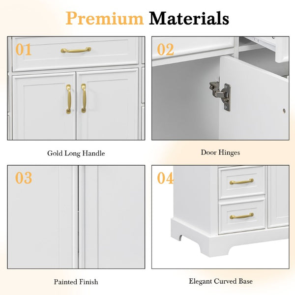 English Elm 47.2 Inch White MDF Bathroom Vanity Base with Six Drawers and Gold Handles Sink Ready N725P525855K