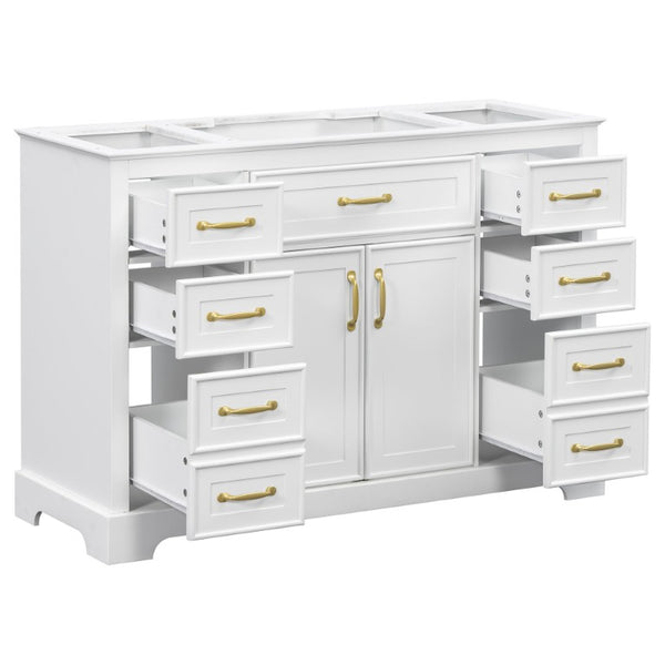 English Elm 47.2 Inch White MDF Bathroom Vanity Base with Six Drawers and Gold Handles Sink Ready N725P525855K