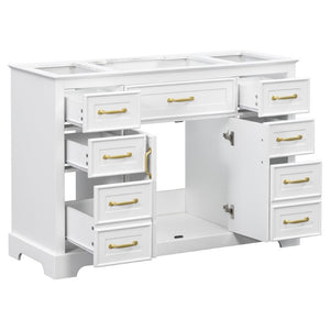 English Elm 47.2 Inch White MDF Bathroom Vanity Base with Six Drawers and Gold Handles Sink Ready N725P525855K