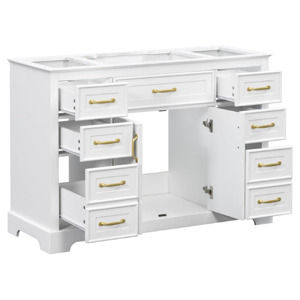 English Elm 47.2 Inch White MDF Bathroom Vanity Base with Six Drawers and Gold Handles Sink Ready N725P525855K