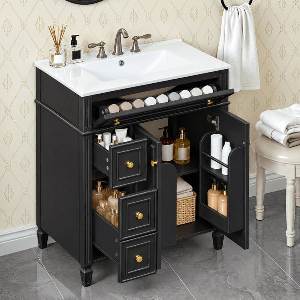 English Elm 30 Inch Freestanding Bathroom Vanity Solid Wood Cabinet Gold Knobs Ceramic Sink Black N725P527496B